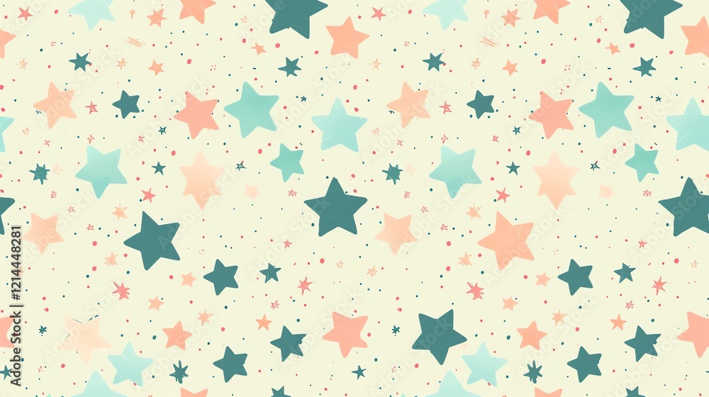 Poster a cheerful and colorful pattern featuring stars of various colors and sizes on a cream background.