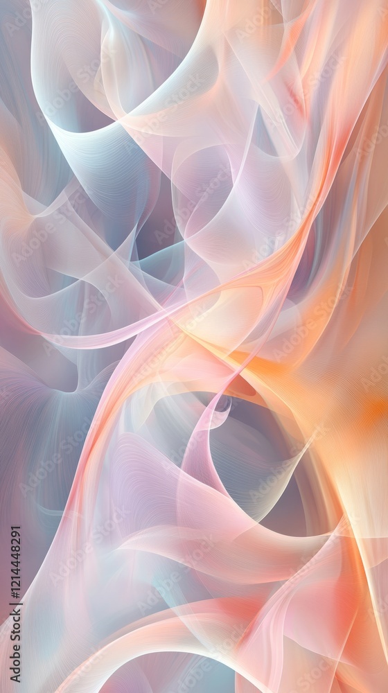 Poster overlapping waves in orange, pink, blue gradient blending smoothly into soft abstract design pattern