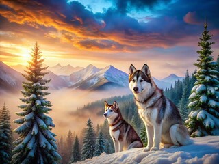 Majestic Mountain Landscape with Huskies in Soft Mist - Low Light Photography
