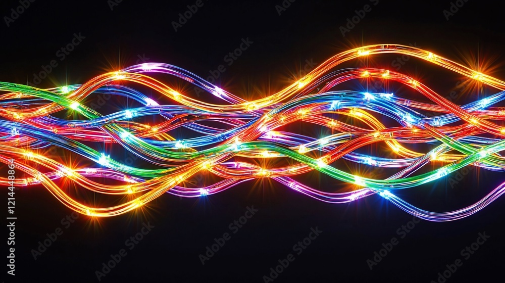 Poster colorful led string lights in wavy pattern on black background.
