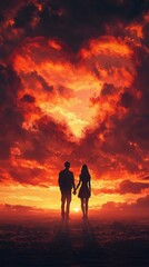 Fototapeta premium Couple silhouetted against a glowing heart-shaped sky, dramatic oil brushstrokes in rich reds and golds, deep romantic ambiance in every detail.