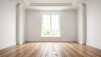 Obraz premium An intimate space bathed in light through a central window, featuring sleek horizontal wooden flooring that stretches across an empty room, framed by pristine white walls. 