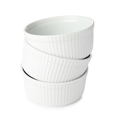 Three casseroles isolated on white. Cooking utensil