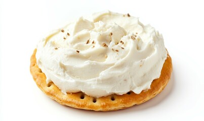 Cream cheese spread on a cracker against white background