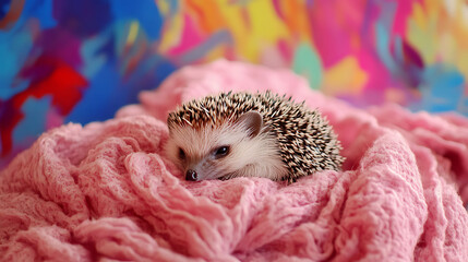 A tiny hedgehog curled up on a soft pink blanket on colorful background