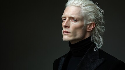 Albino male with flowing white hair, dressed in black turtleneck and jacket, gazing sideways against dark backdrop