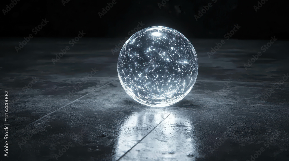 Poster transparent 3d light orb floating in dark room, casting mysterious reflections on floor
