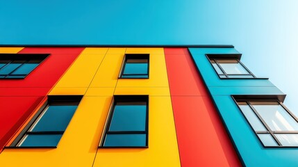 A colorful and dynamic building facade showcases bold red, yellow, and blue panels, creating a visually striking and modern urban environment with a vibrant aesthetic.