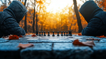 Two Friends Engaged in an Intense Chess Game in a Serene Autumn Park Setting
