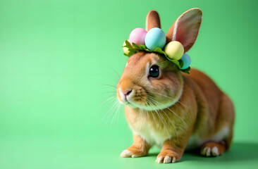 Fototapeta premium Charming brown rabbit in close-up with a wreath of Easter eggs on its head on a pastel green background, Easter celebration