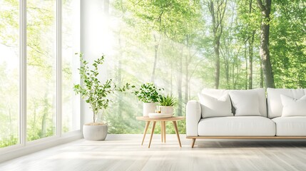 Fototapeta premium Modern Living Room with Large Windows Overlooking Nature