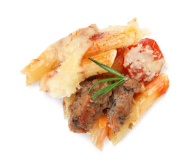 Delicious pasta casserole with cheese, tomatoes, minced meat and rosemary isolated on white, top view
