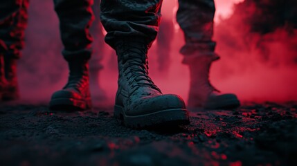 Military Boots in Smoke Battlefield Action Shot Dynamic Environment Ground Level Resilience Theme