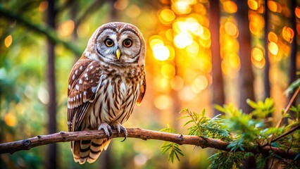 Obraz premium Majestic Owl Perched on Branch: Wisdom of Nature Stock Photo