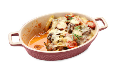 Delicious pasta casserole with cheese, tomatoes, minced meat and rosemary in baking dish isolated on white