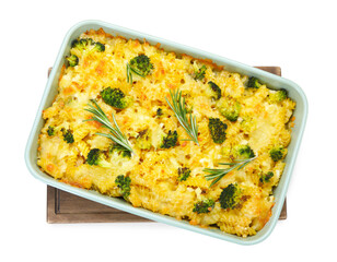 Tasty pasta casserole with cheese, rosemary and broccoli in baking dish isolated on white, top view