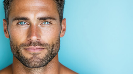 Fototapeta premium close up of man with thoughtful expression and striking blue eyes