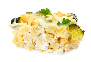 Tasty pasta casserole with cheese and broccoli isolated on white