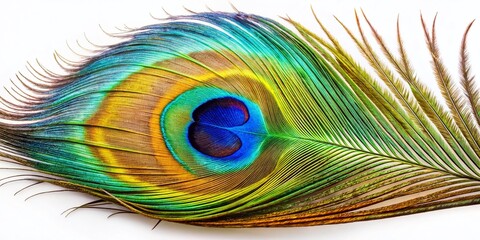 Obraz premium Majestic Peacock Feather Macro Photography - Isolated on White Background for Design Projects