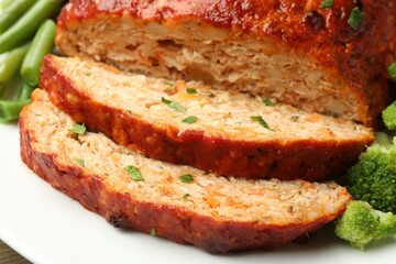 Delicious baked turkey meatloaf with vegetables on plate, closeup