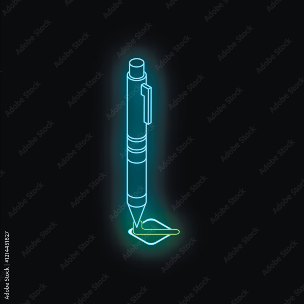 Poster glowing neon pen drawing check mark in checkbox on black background