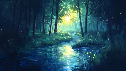 Obraz premium Sunlit Forest Stream Magical Woodland Path Nature Scene