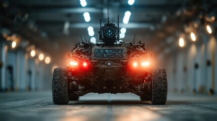 An advanced military rover is showcased in an urban tunnel, highlighting innovative technology and strategic prowess amidst modern architecture and engineering.