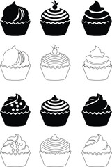 cup cake icon set.Sweet cake icon based logo design editable vector file. cup cake, slice cake, pasty, birthday cake.cake icon Design in thin line vector style. Simple Vector Illustration Logo.