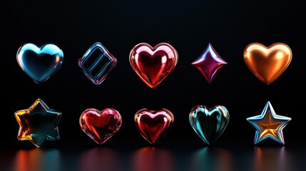 A collection of heart shapes in various colors and forms is displayed against a deep background, symbolizing love and emotional connections through its artistic representation.