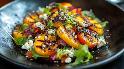 A vibrant salad with grilled peaches and goat cheese