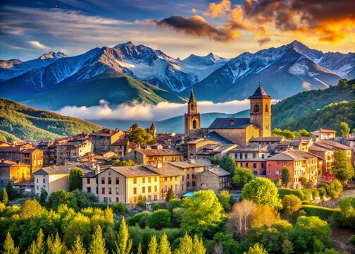 Majestic Pyrenees Mountains & Puigcerda Town, Catalonia, Spain