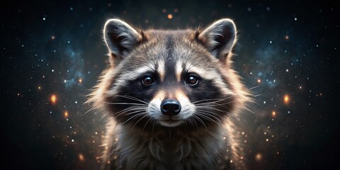Obraz premium Majestic Raccoon Double Exposure: Night Sky & Forest Reflection