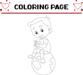 happy boy with small plant is sitting earth coloring page for kids