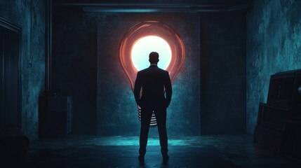 Obraz premium Businessman facing glowing idea, dark room