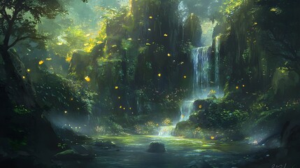 Obraz premium Enchanted Waterfall Lush Forest Magical Landscape