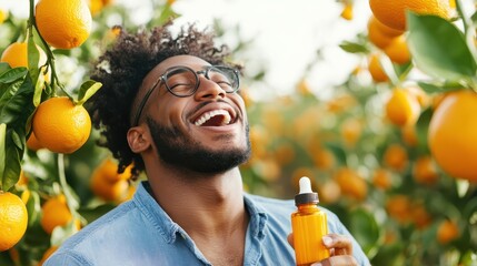 A man joyfully laughs in a bountiful citrus orchard, holding an essential oil dropper as the sun sets, capturing the bliss of nature and personal fulfillment.