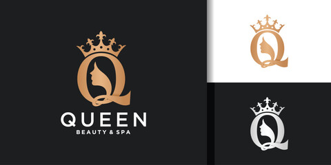 Luxury initial letter Q for queen logo. Beauty woman and crown golden