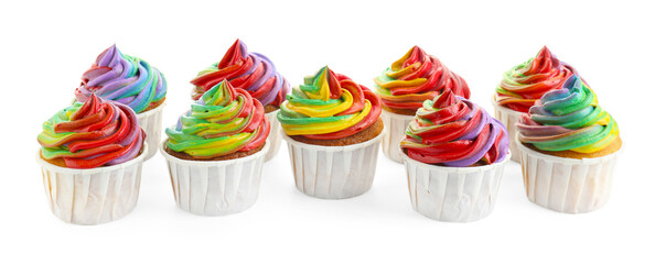 Delicious cupcakes with colorful cream isolated on white