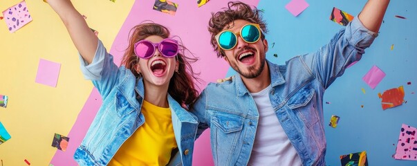 Creative photo 3d collage artwork postcard poster picture of two happy people enjoy 80s 90s theme party isolated on painting background