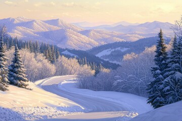 Winter landscape with snow-covered mountains and winding road at sunset in a serene atmosphere. Generative AI