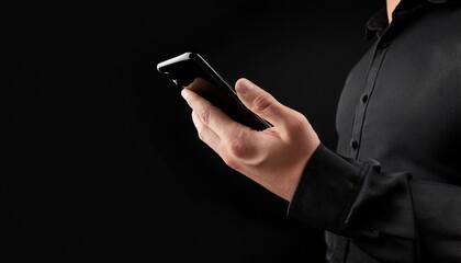 スマホを持っている手。黒い背景。闇バイト（Hand holding a smartphone. Black background.）
