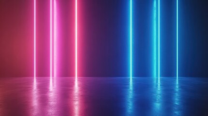 Abstract Neon Lights Background: Pink and Blue Glowing Lines on Reflective Surface.