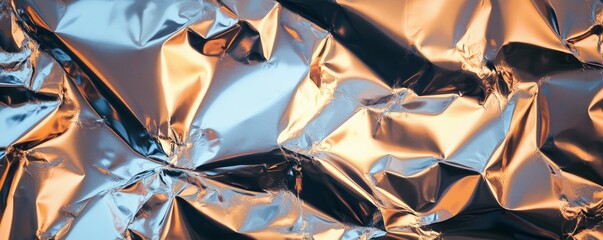 Crumpled metallic foil surface creating reflections and textures in bright light