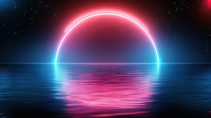 Neon Arc over Calm Ocean at Night.