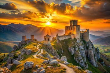 Fototapeta premium Majestic Rocca Calascio Sunset: Abruzzo, Italy Medieval Castle Ruins