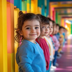 A cheerful group of children standing in line at a daycare, symbolizing childhood, education, and social interaction. Perfect for parenting, education, and lifestyle themes.