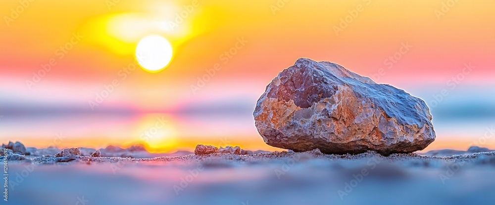 Sticker Sunset over calm sea with single rock on shore.