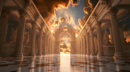 Fototapeta premium Golden Columns Sunset Archway Ancient Temple Marble Floor
