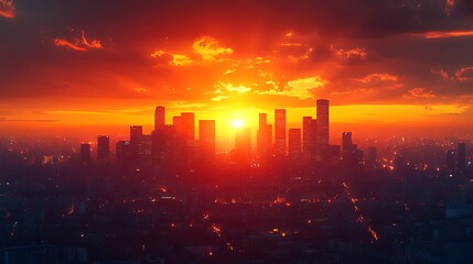 Fototapeta premium Fiery sunset cityscape panorama, urban skyline, dramatic sky