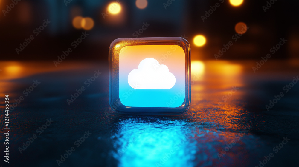 Poster a sleek and minimal app icon featuring a glowing blue gradient square with a white cloud symbol in t